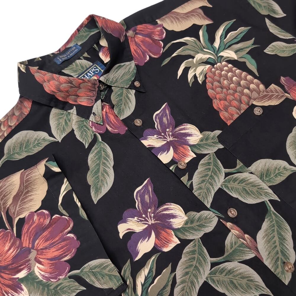 VTG Chaps Ralph Lauren Hawaiian Shirt Mens Size L Black Floral Aloha Button Down